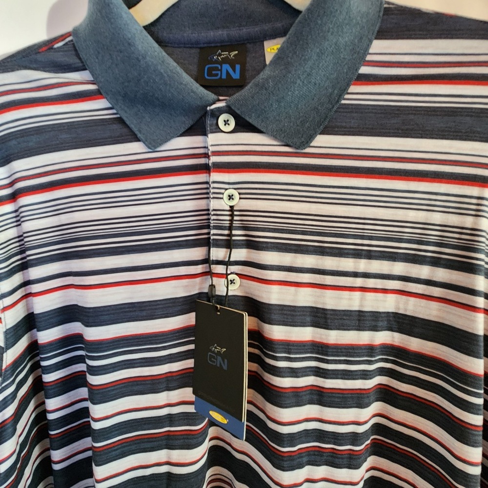 Greg‎ Norman Polo Shirt Mens Large Play Dry Black Red Striped Golf Short Sleeve